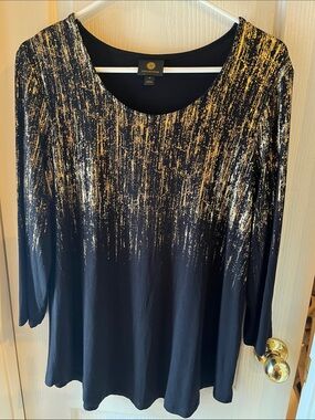 JM Collection Black Blouse with Gold Foil Drip Detail